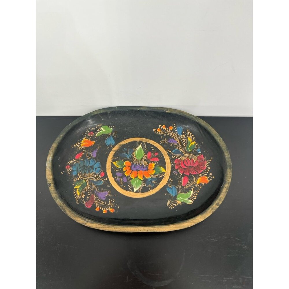 Hand Carved‎ Wooden 8.5"×11.5" Tray With Hand Painted Flowers  Vintage